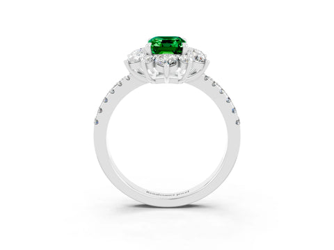 White gold Emerald Cut Cut Diamond Floral Halo Pave Band with Prong Setting_3