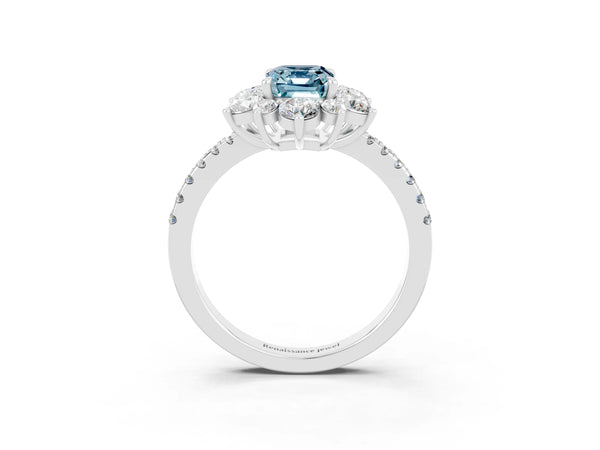 Silver Emerald Cut Aquamarine Floral Halo Ring with Round Pavé Band and Prong Setting