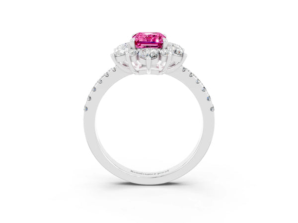 White gold Emerald Cut Pink Sapphire Floral Halo Ring with Round Pavé Band and Prong Setting