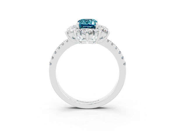 Platinum Emerald Cut Cut Diamond Floral Halo Pave Band with Prong Setting