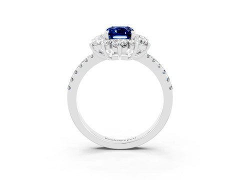 White gold Emerald Cut Cut Diamond Floral Halo Pave Band with Prong Setting_3