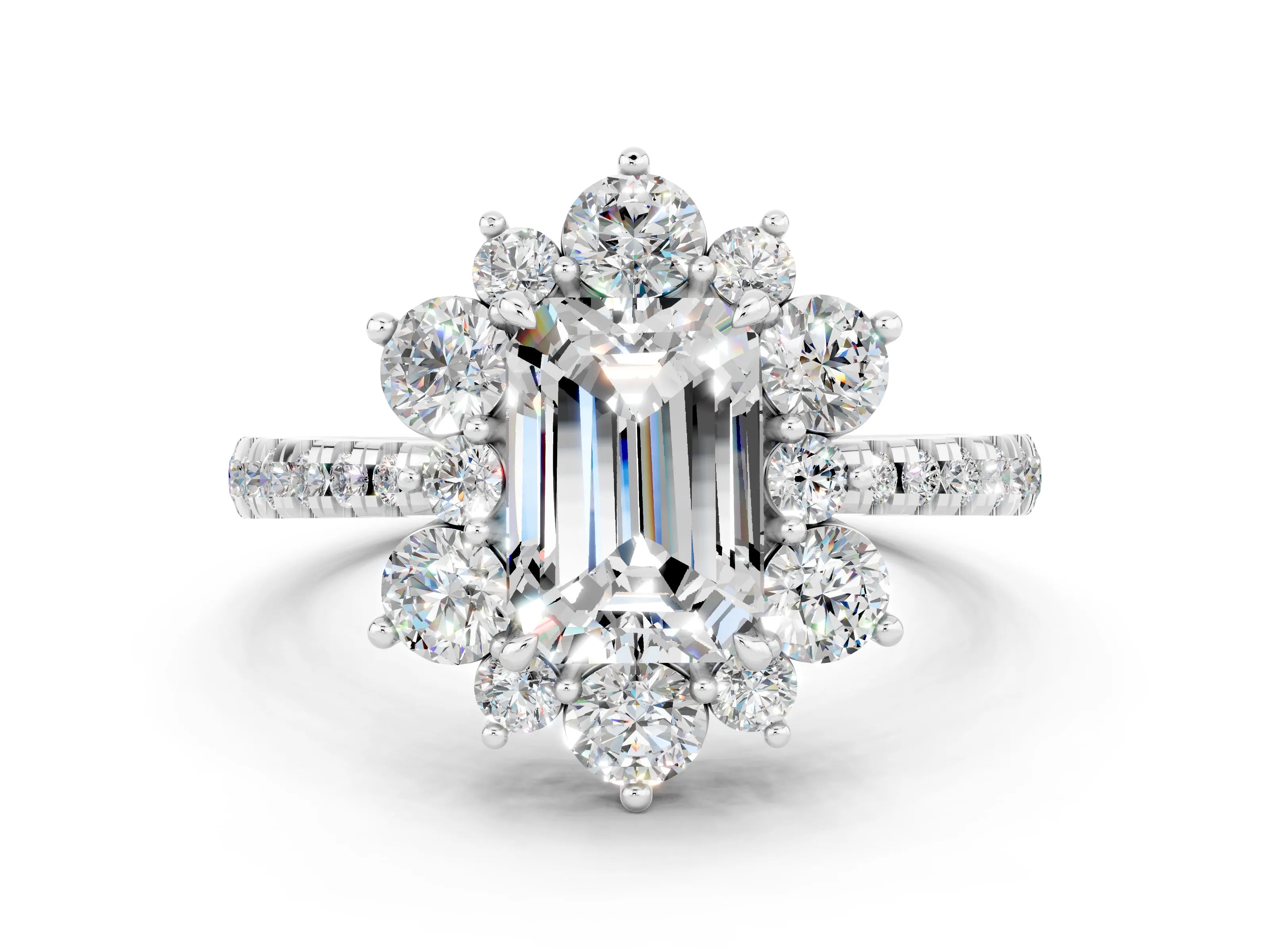White gold Emerald Cut Cut Diamond Floral Halo Pave Band with Prong Setting
