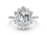 White gold Emerald Cut Cut Diamond Floral Halo Pave Band with Prong Setting