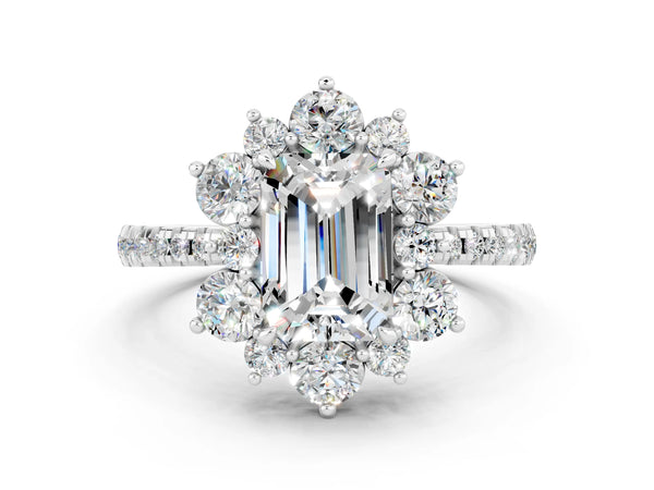 Silver Emerald Cut Moissanite Floral Halo Ring with Round Pavé Band and Prong Setting