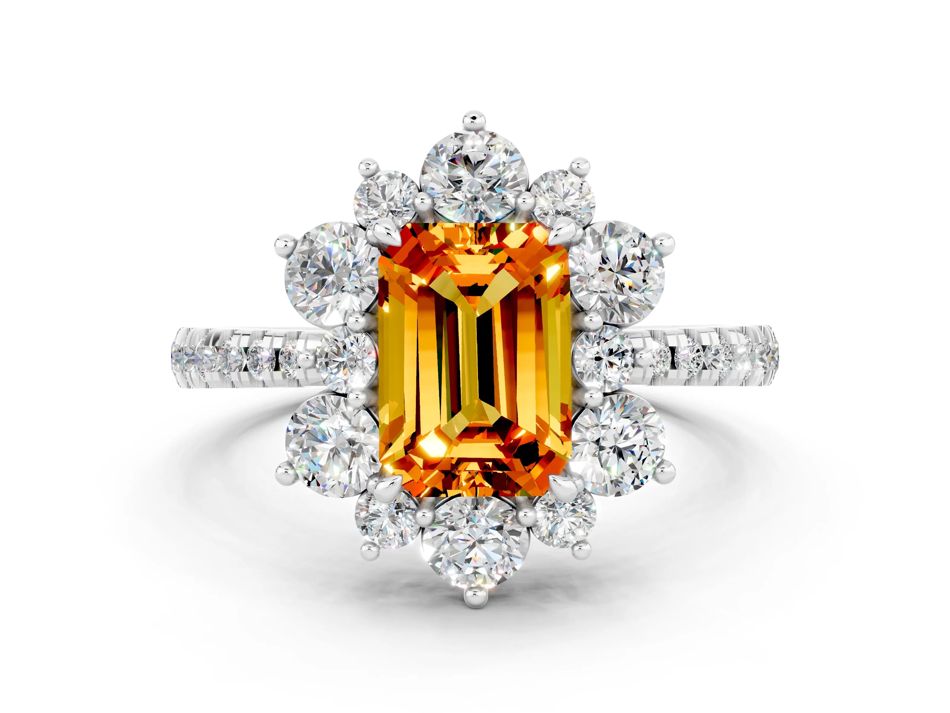 White gold Emerald Cut Cut Diamond Floral Halo Pave Band with Prong Setting