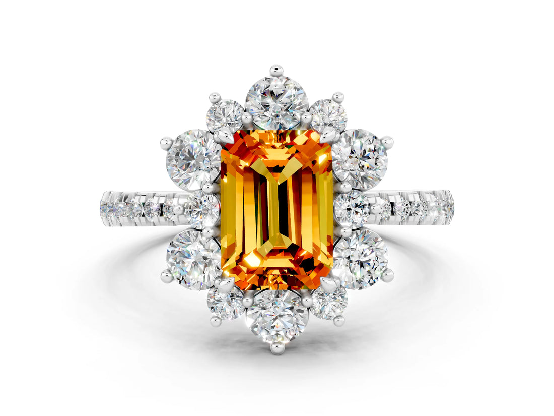 White gold Emerald Cut Cut Diamond Floral Halo Pave Band with Prong Setting
