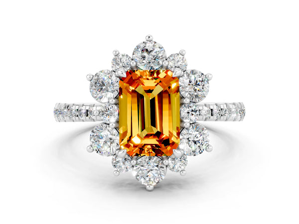 Platinum Emerald Cut Citrine Floral Halo Ring with Round Pavé Band and Prong Setting