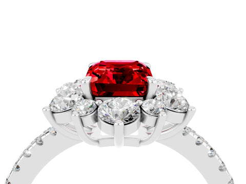 White gold Emerald Cut Cut Diamond Floral Halo Pave Band with Prong Setting_4