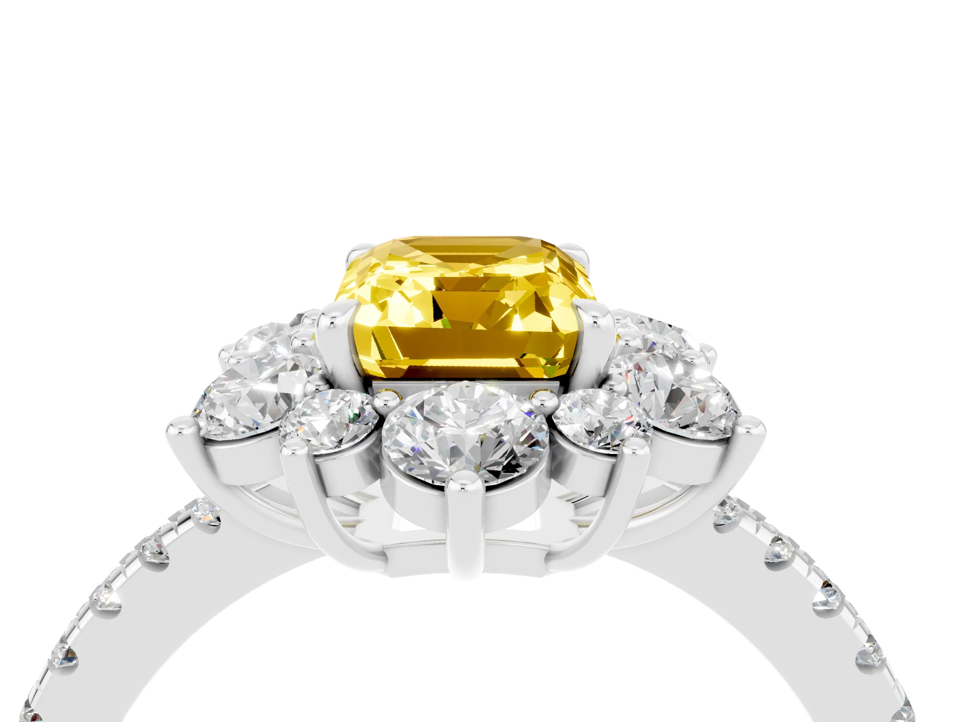White gold Emerald Cut Cut Diamond Floral Halo Pave Band with Prong Setting_4