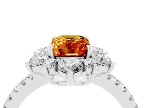 White gold Emerald Cut Cut Diamond Floral Halo Pave Band with Prong Setting_4