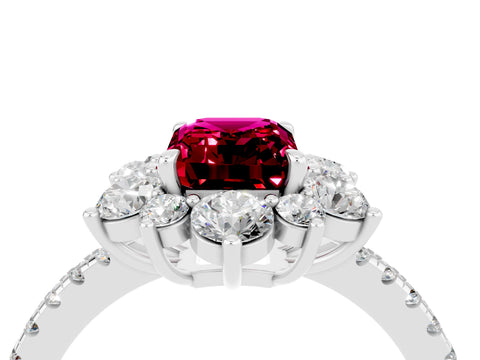 White gold Emerald Cut Cut Diamond Floral Halo Pave Band with Prong Setting_4