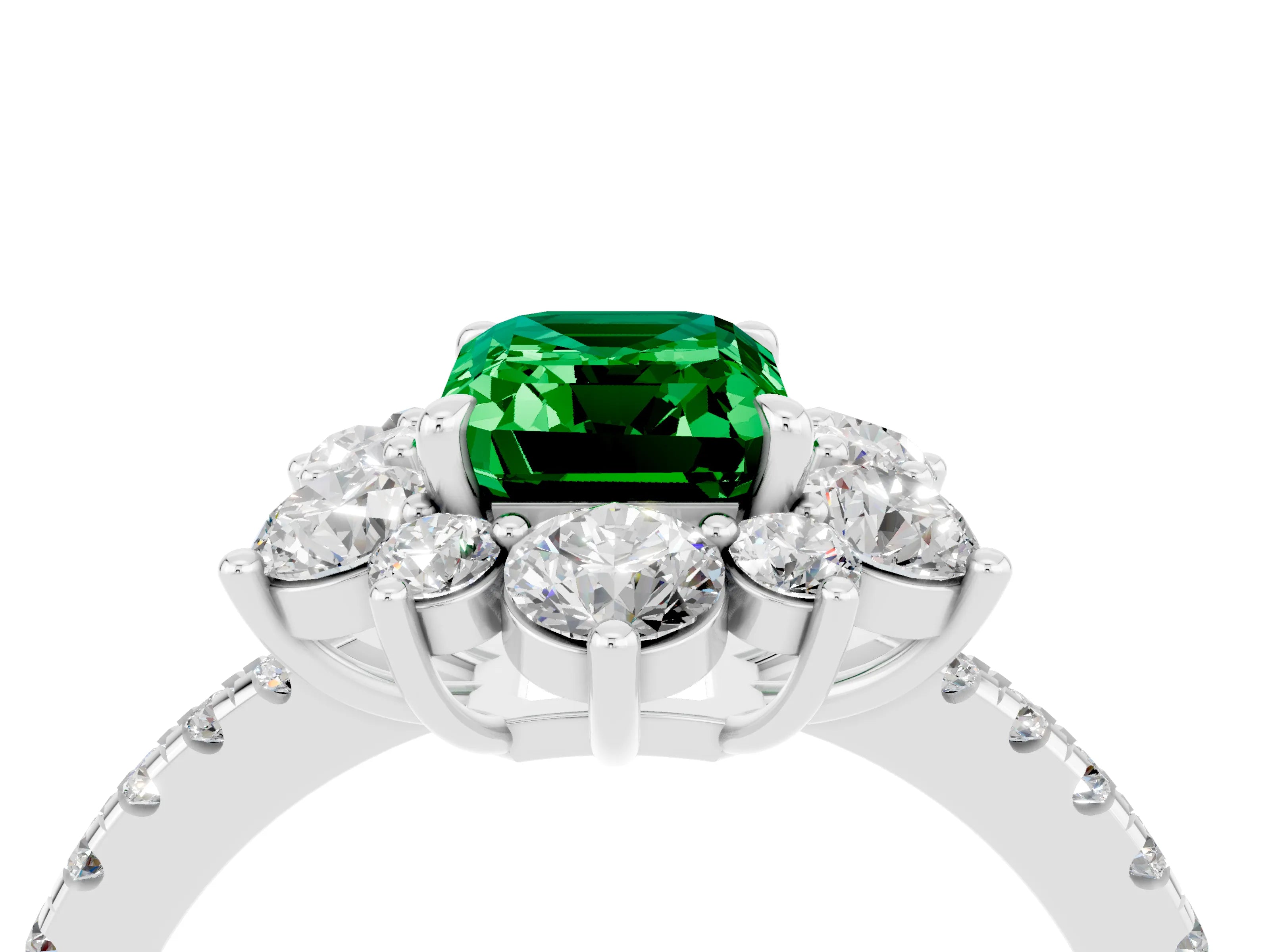 White gold Emerald Cut Cut Diamond Floral Halo Pave Band with Prong Setting_4