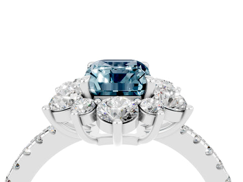 White gold Emerald Cut Cut Diamond Floral Halo Pave Band with Prong Setting_4