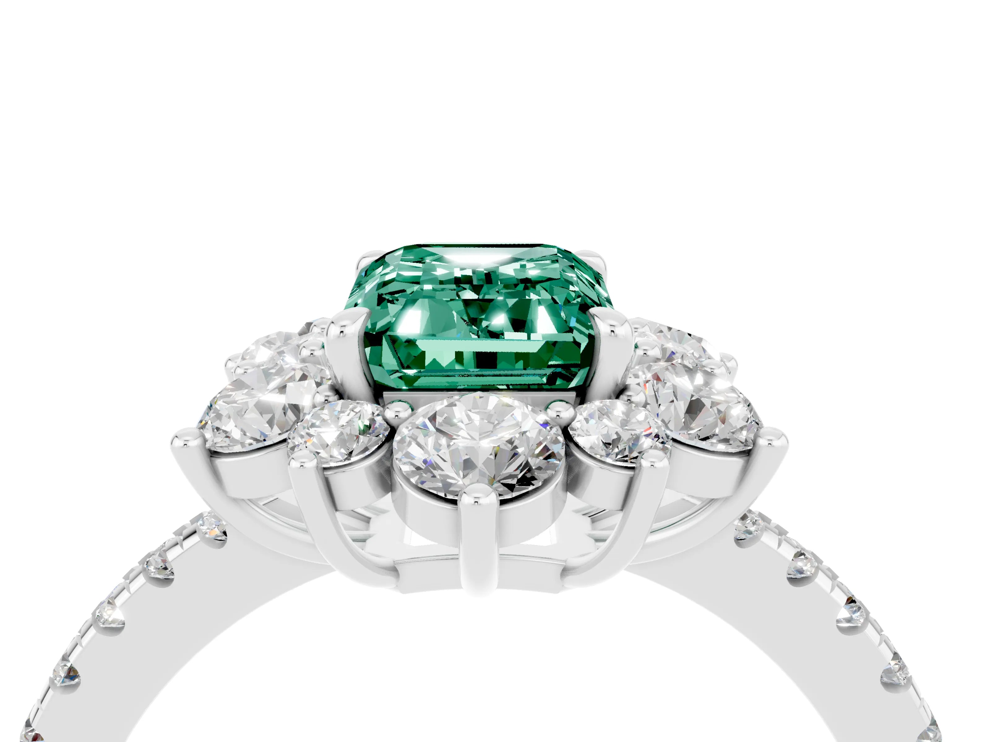 White gold Emerald Cut Cut Diamond Floral Halo Pave Band with Prong Setting_4