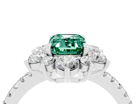 White gold Emerald Cut Cut Diamond Floral Halo Pave Band with Prong Setting_4