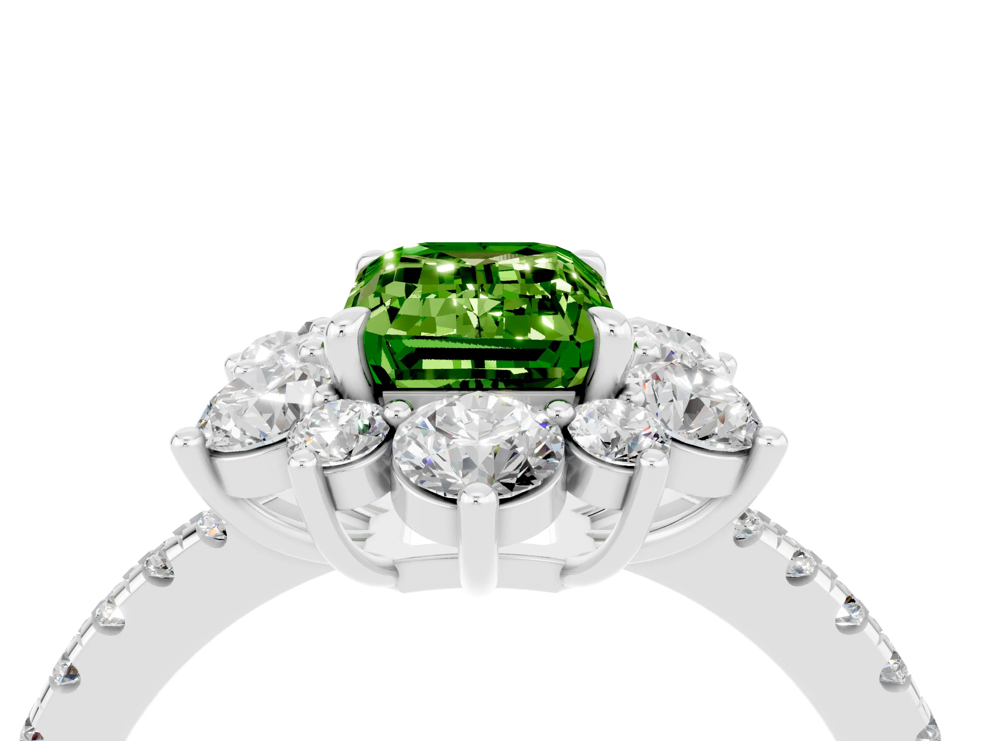 White gold Emerald Cut Cut Diamond Floral Halo Pave Band with Prong Setting_4
