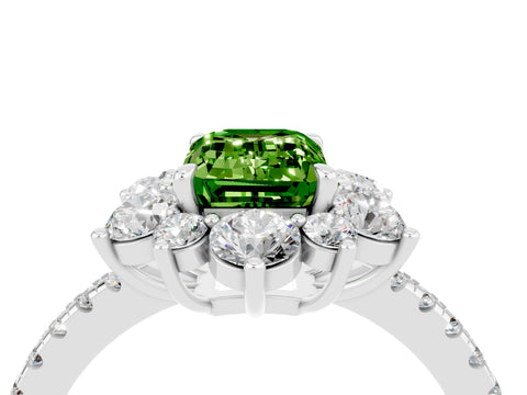 White gold Emerald Cut Cut Diamond Floral Halo Pave Band with Prong Setting_4