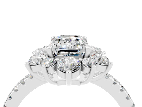 White gold Emerald Cut Cut Diamond Floral Halo Pave Band with Prong Setting_4