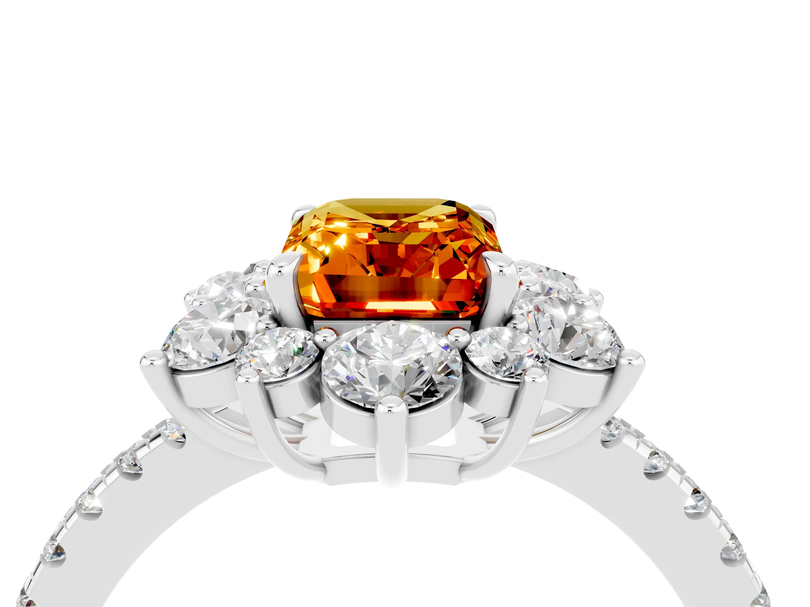 White gold Emerald Cut Cut Diamond Floral Halo Pave Band with Prong Setting_4