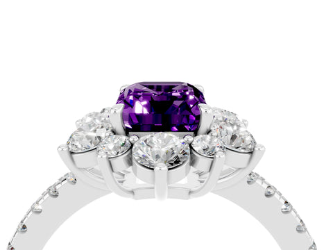White gold Emerald Cut Cut Diamond Floral Halo Pave Band with Prong Setting_4