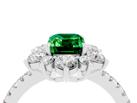 White gold Emerald Cut Cut Diamond Floral Halo Pave Band with Prong Setting_4