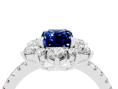 White gold Emerald Cut Cut Diamond Floral Halo Pave Band with Prong Setting_4