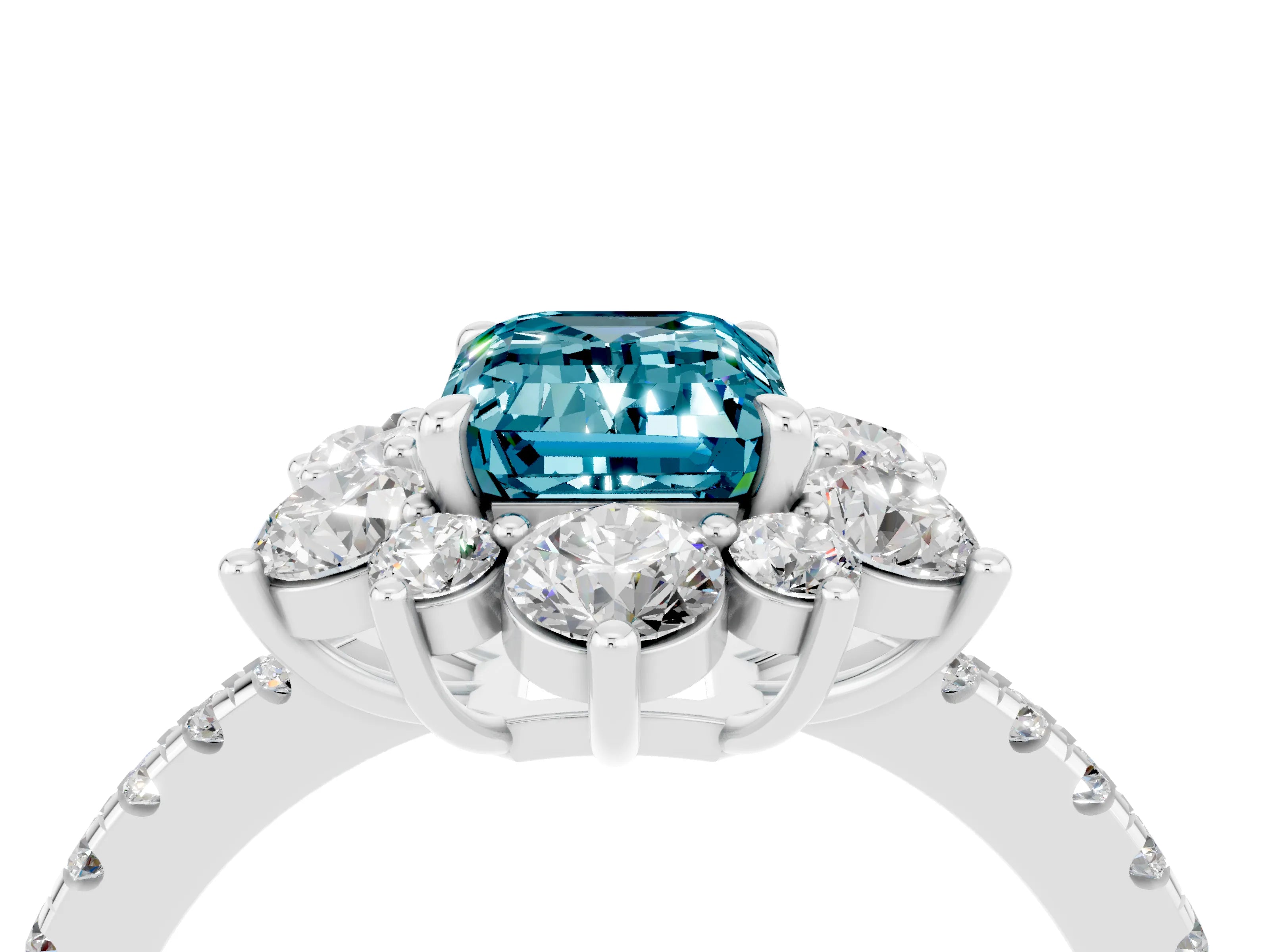 White gold Emerald Cut Cut Diamond Floral Halo Pave Band with Prong Setting_4