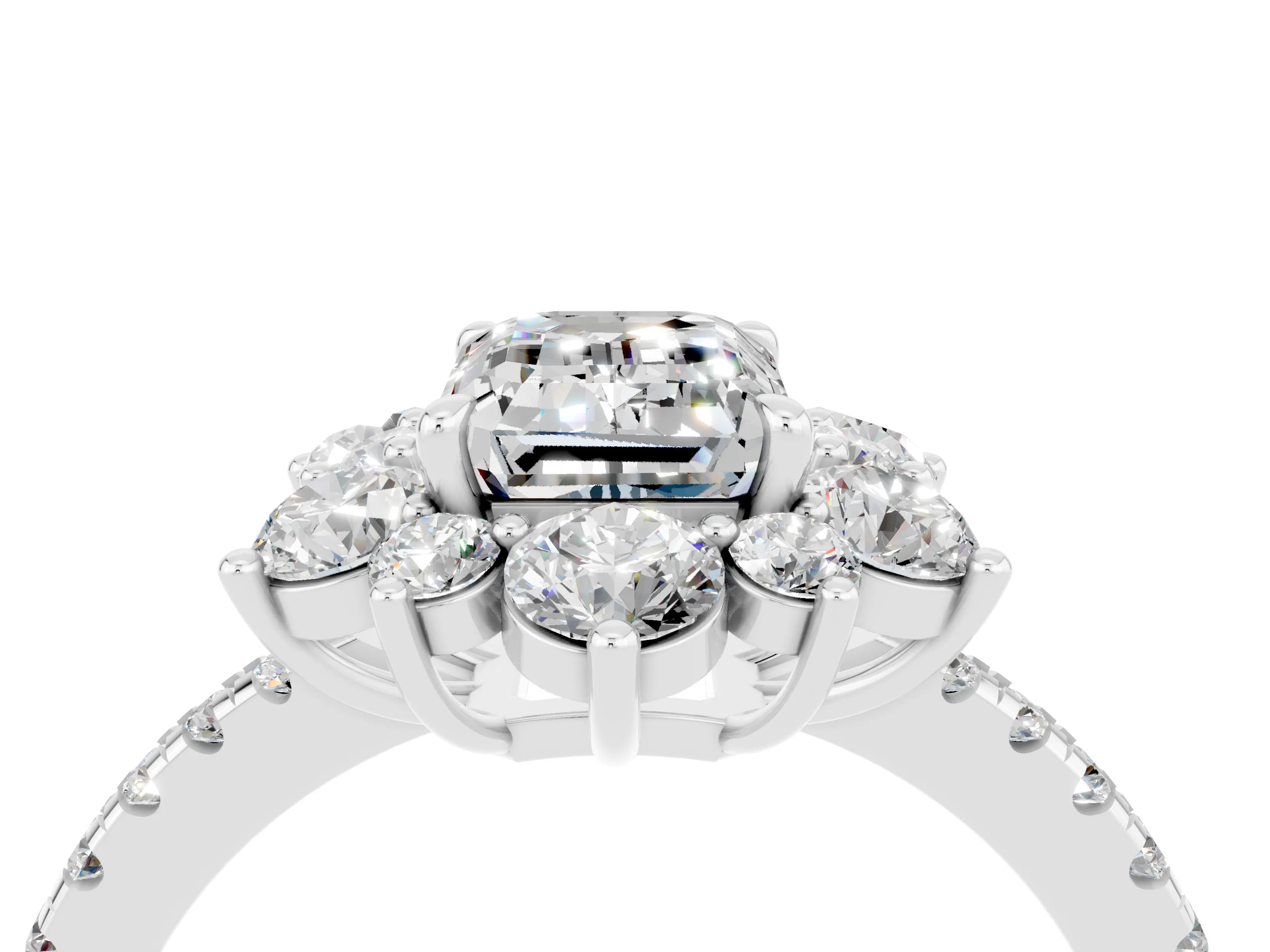 White gold Emerald Cut Cut Diamond Floral Halo Pave Band with Prong Setting_4