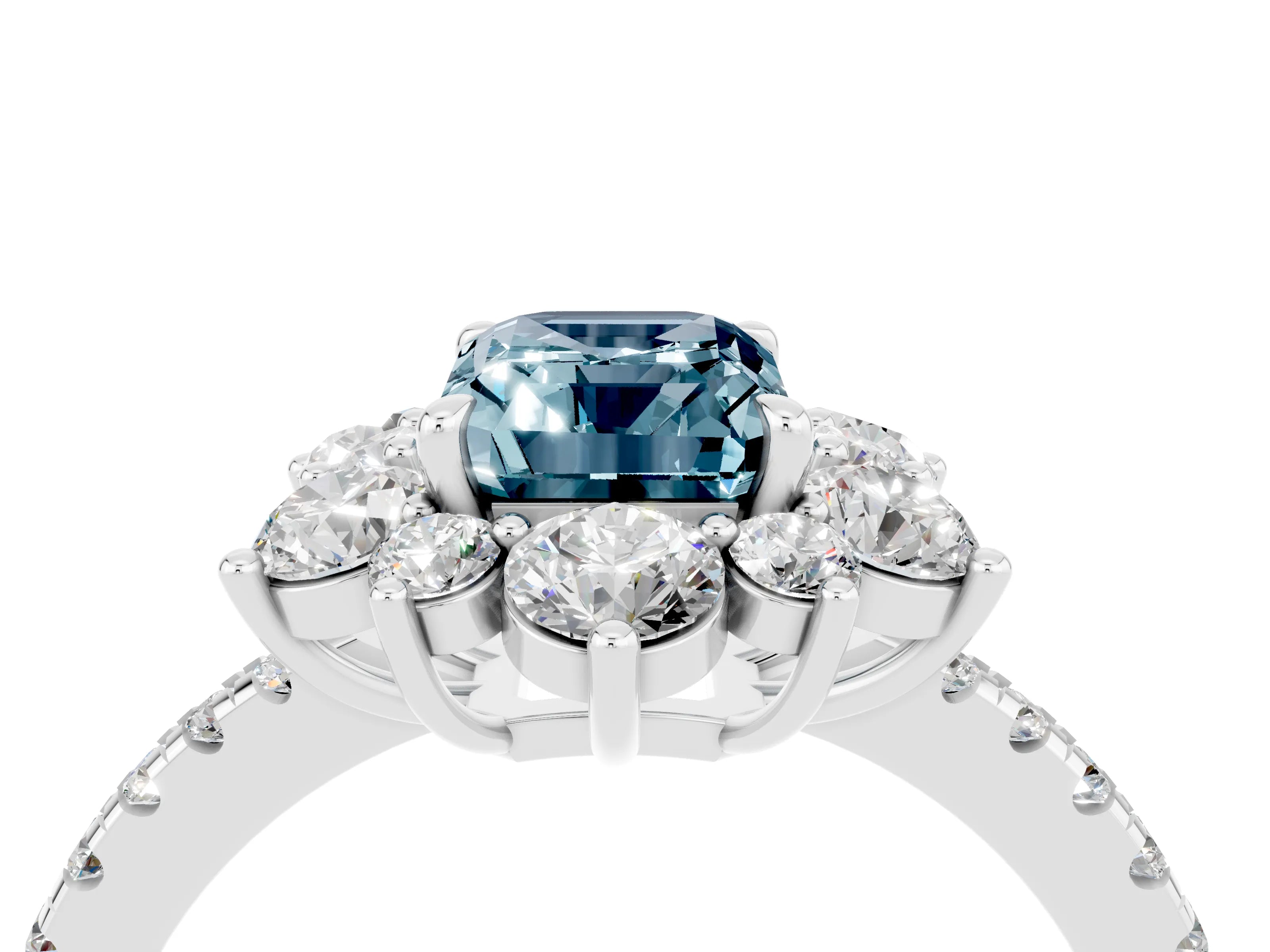 White gold Emerald Cut Cut Diamond Floral Halo Pave Band with Prong Setting_4
