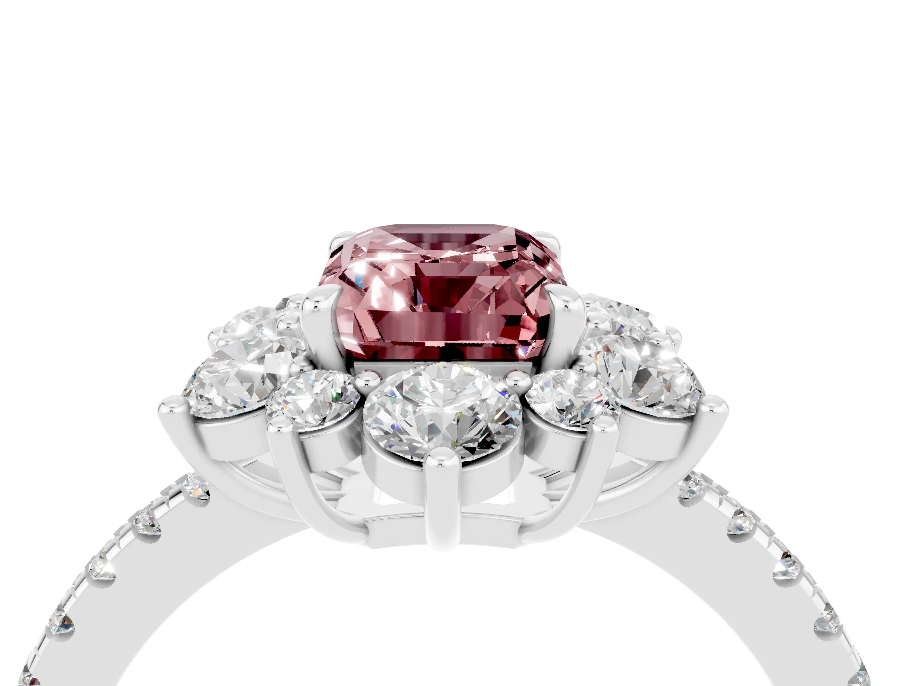 White gold Emerald Cut Cut Diamond Floral Halo Pave Band with Prong Setting_4