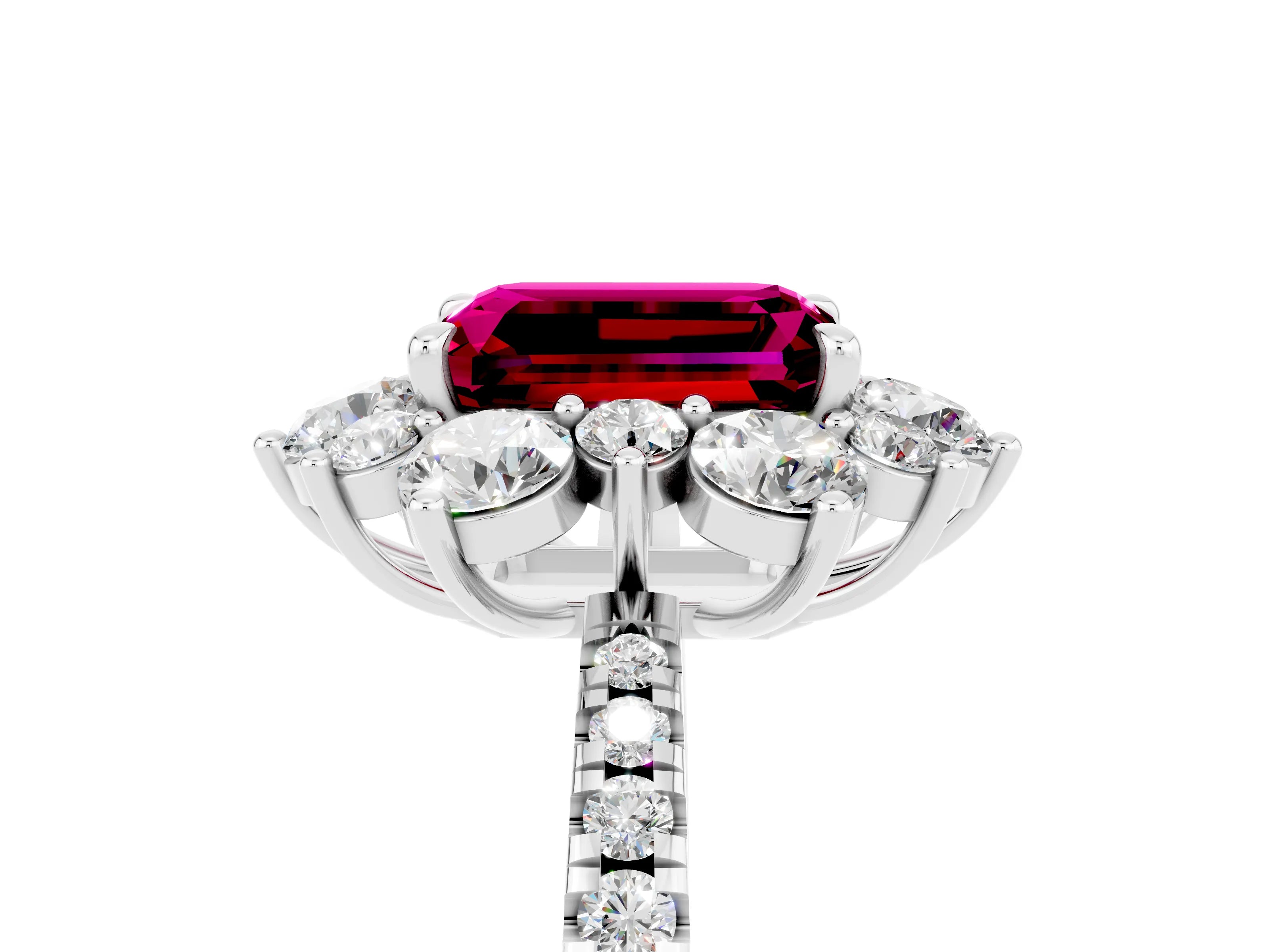 White gold Emerald Cut Cut Diamond Floral Halo Pave Band with Prong Setting_5