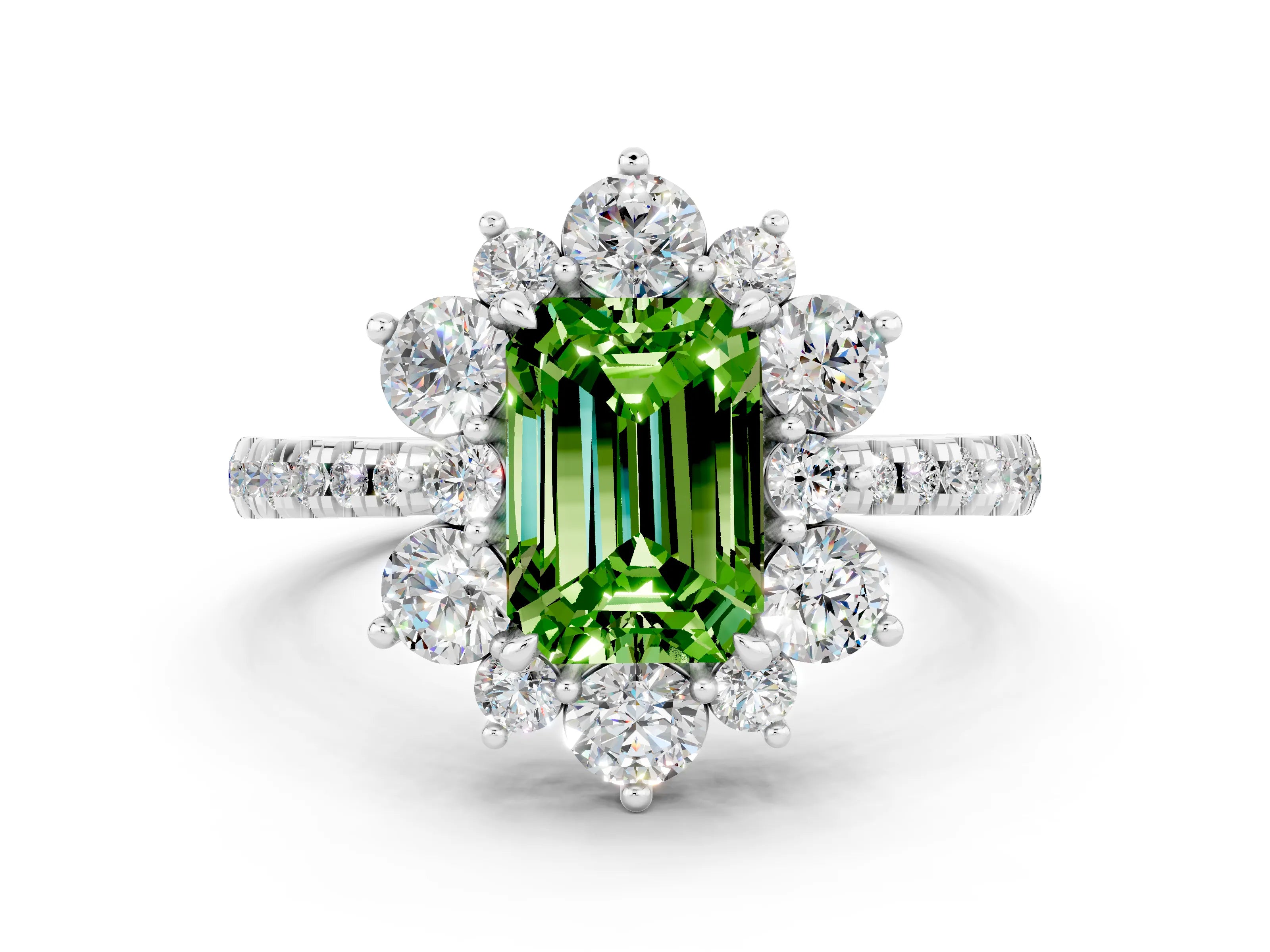 White gold Emerald Cut Cut Diamond Floral Halo Pave Band with Prong Setting