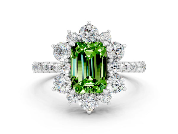 White gold Emerald Cut Cut Diamond Floral Halo Pave Band with Prong Setting