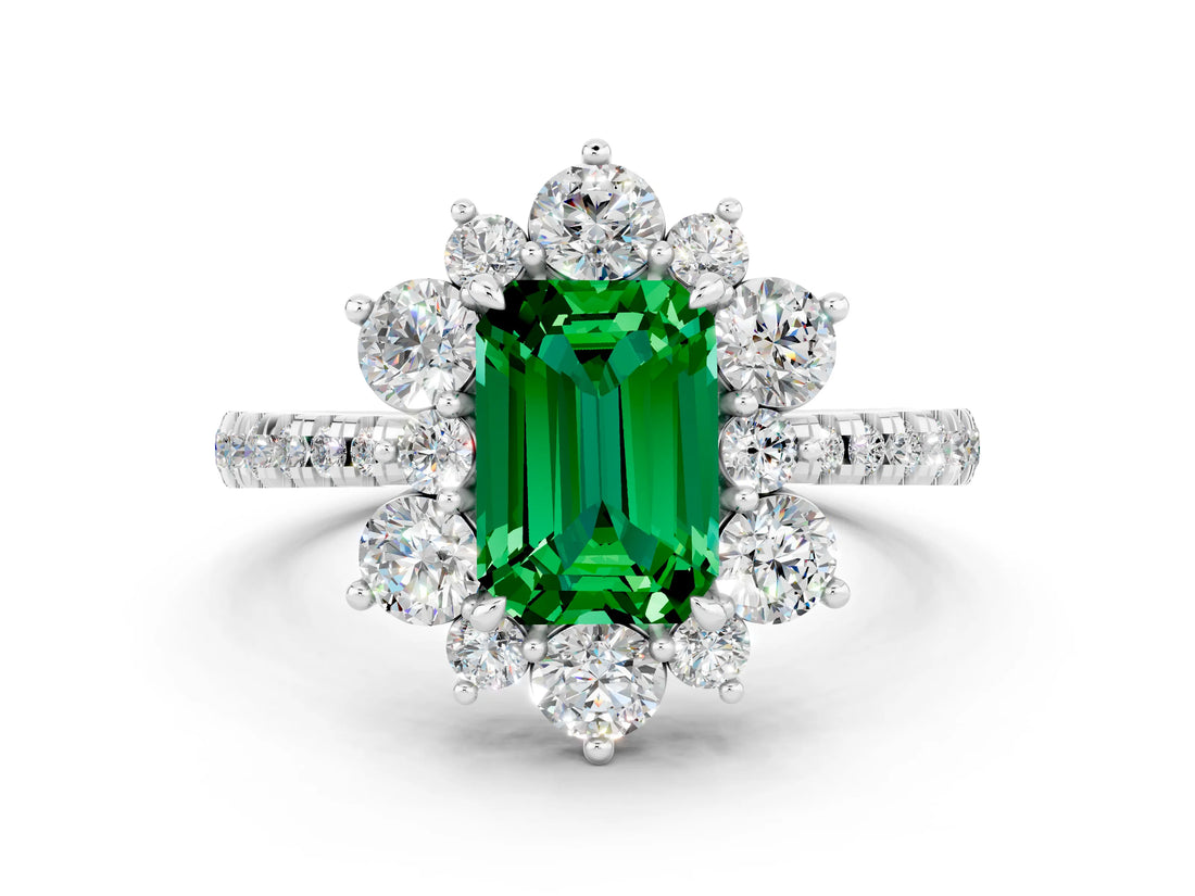 White gold Emerald Cut Cut Diamond Floral Halo Pave Band with Prong Setting
