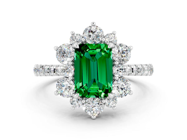 White gold Emerald Cut Emerald Floral Halo Ring with Round Pavé Band and Prong Setting