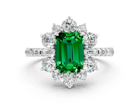 White gold Emerald Cut Cut Diamond Floral Halo Pave Band with Prong Setting