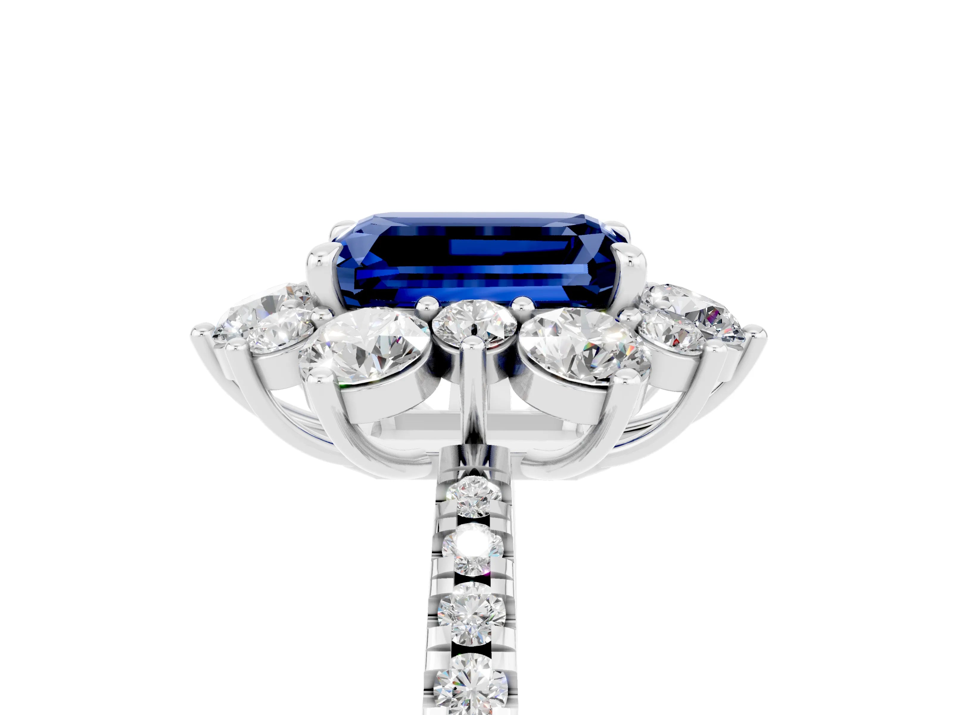 White gold Emerald Cut Cut Diamond Floral Halo Pave Band with Prong Setting_5
