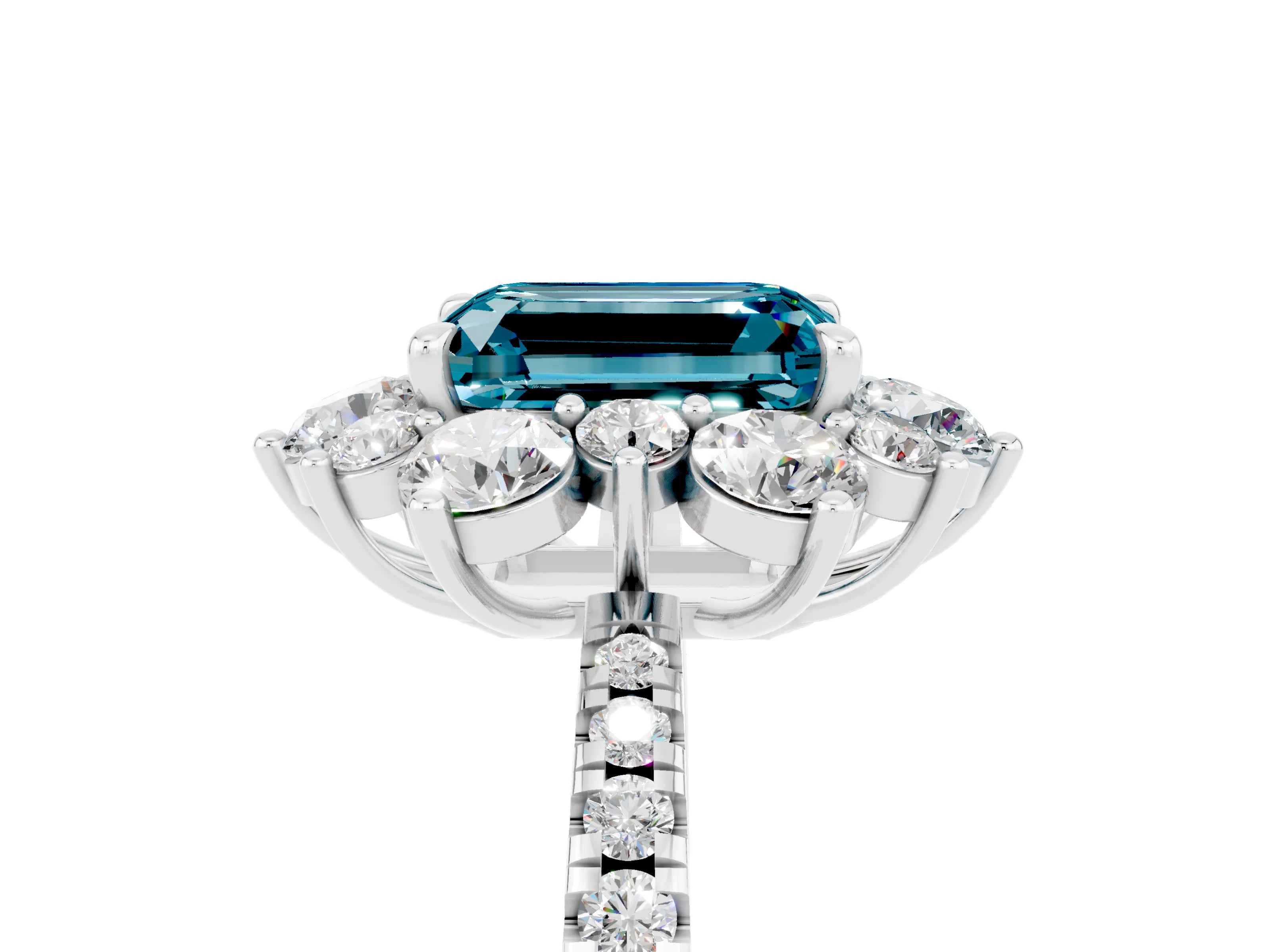 White gold Emerald Cut Cut Diamond Floral Halo Pave Band with Prong Setting_5