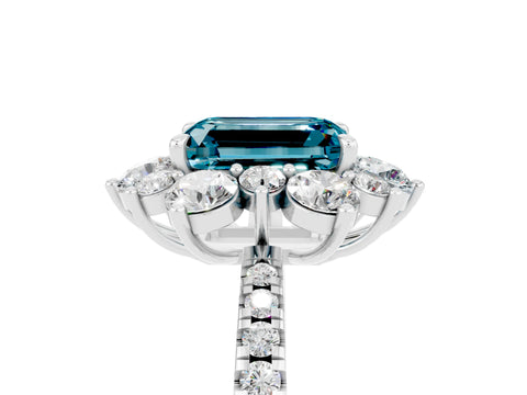 White gold Emerald Cut Cut Diamond Floral Halo Pave Band with Prong Setting_5