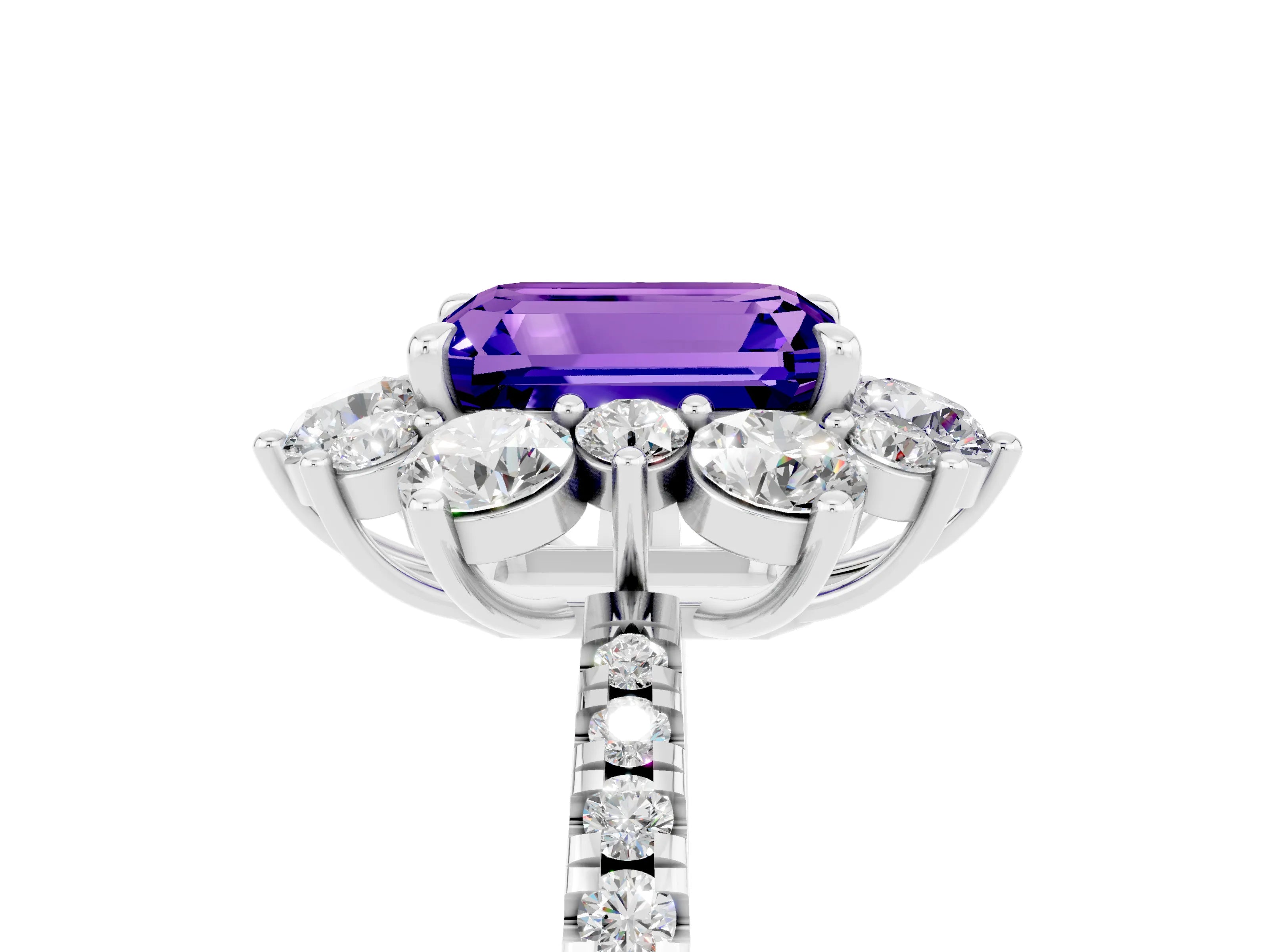 White gold Emerald Cut Cut Diamond Floral Halo Pave Band with Prong Setting_5