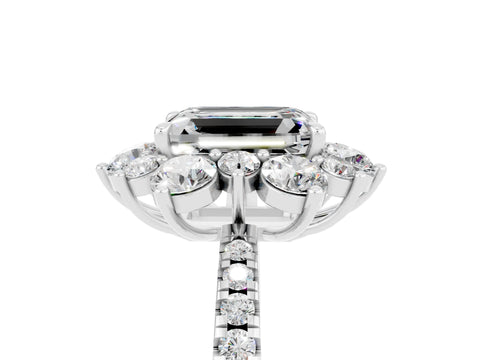 White gold Emerald Cut Cut Diamond Floral Halo Pave Band with Prong Setting_5