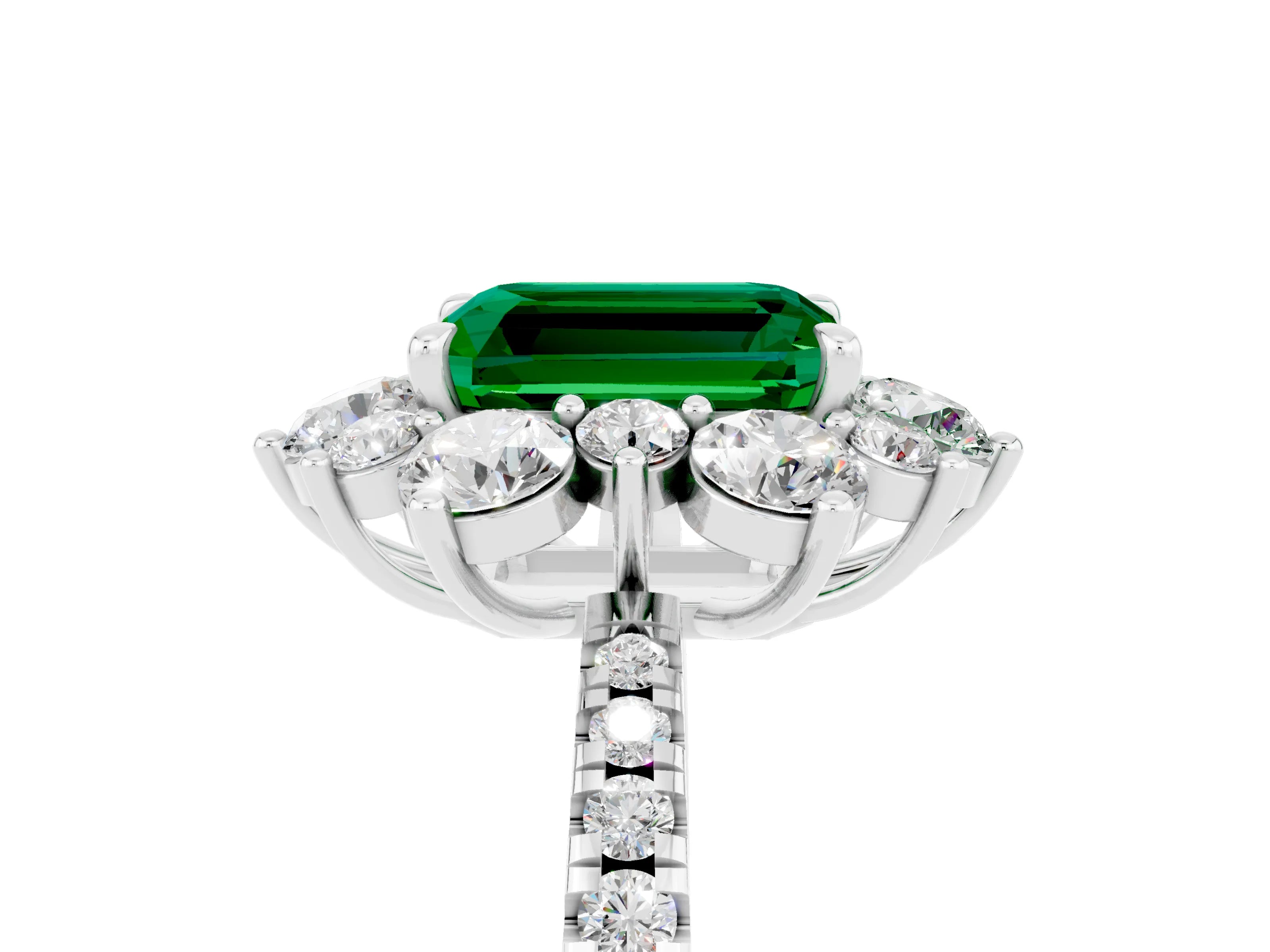 White gold Emerald Cut Cut Diamond Floral Halo Pave Band with Prong Setting_5