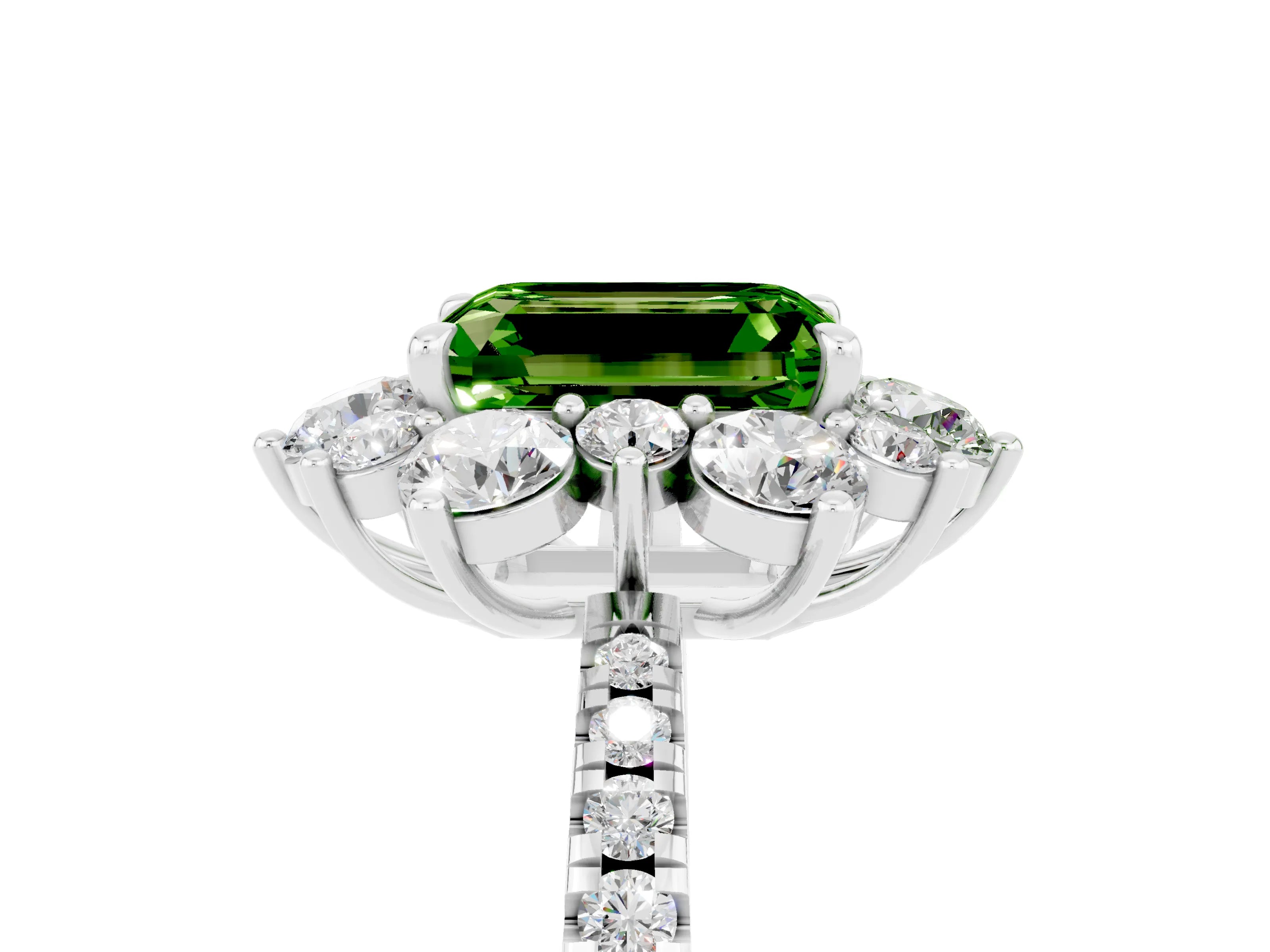 White gold Emerald Cut Cut Diamond Floral Halo Pave Band with Prong Setting_5