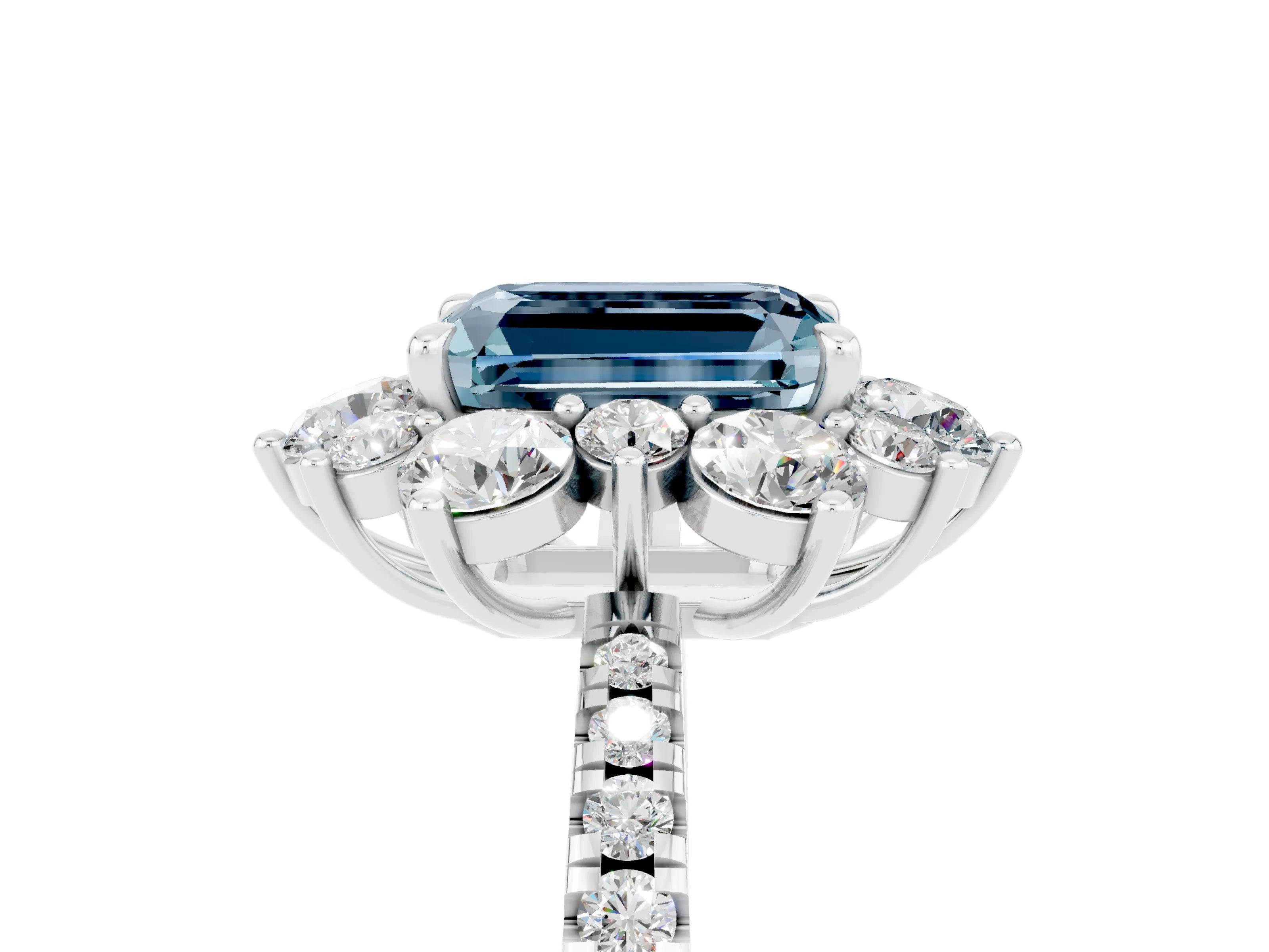 White gold Emerald Cut Cut Diamond Floral Halo Pave Band with Prong Setting_5