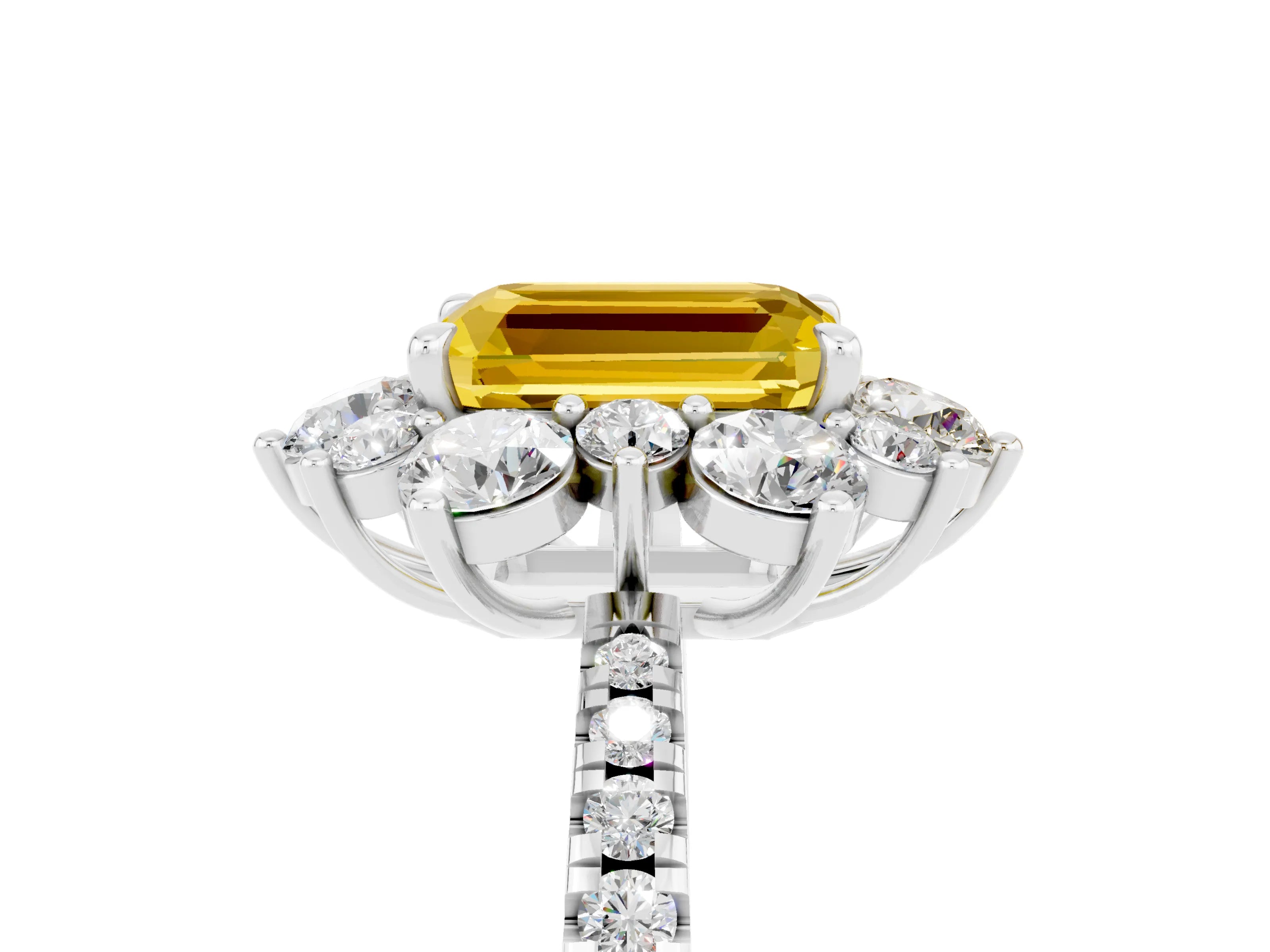 White gold Emerald Cut Cut Diamond Floral Halo Pave Band with Prong Setting_5