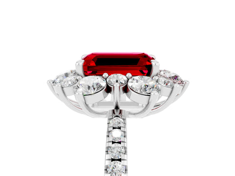 White gold Emerald Cut Cut Diamond Floral Halo Pave Band with Prong Setting_5