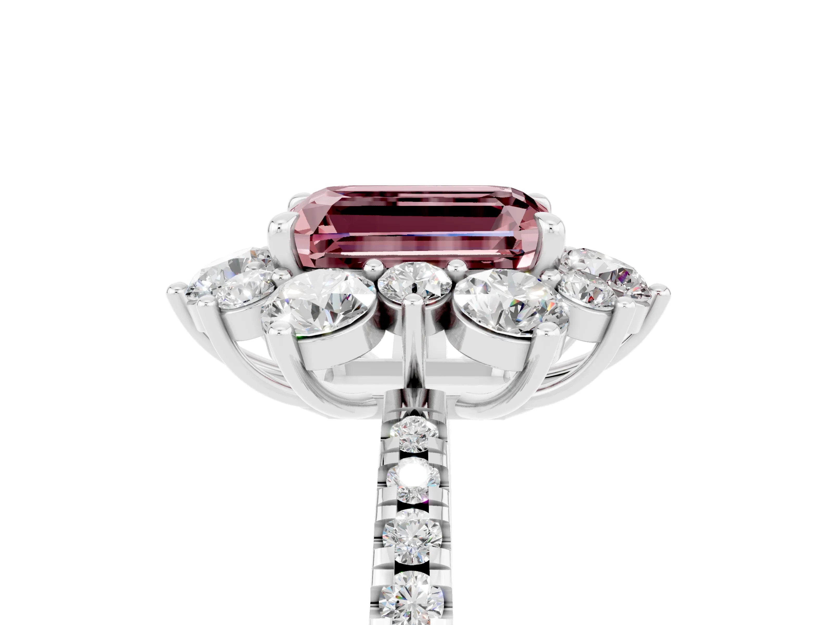 White gold Emerald Cut Cut Diamond Floral Halo Pave Band with Prong Setting_5