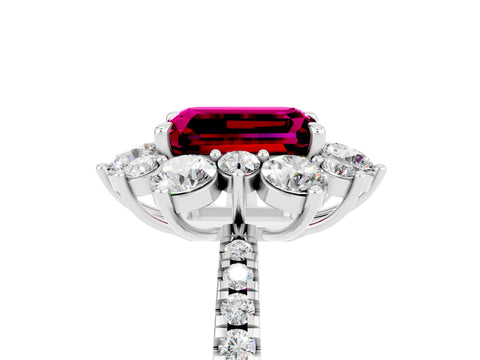 White gold Emerald Cut Cut Diamond Floral Halo Pave Band with Prong Setting_5