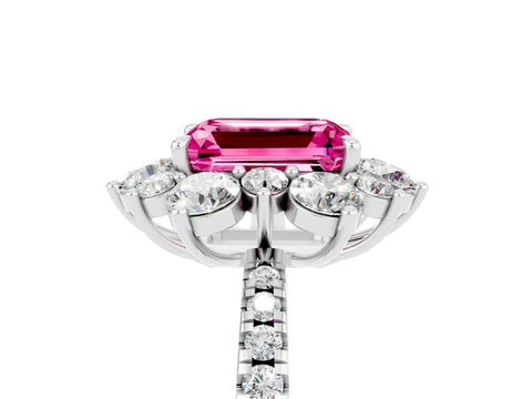 White gold Emerald Cut Cut Diamond Floral Halo Pave Band with Prong Setting_5