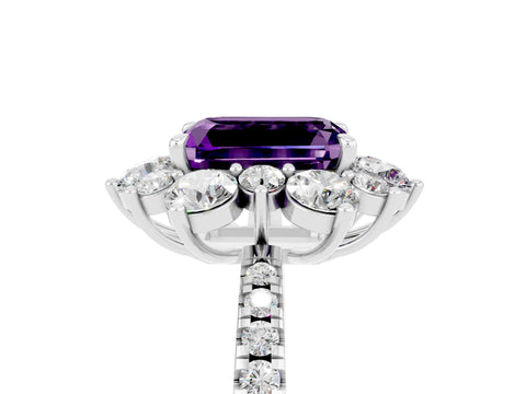 White gold Emerald Cut Cut Diamond Floral Halo Pave Band with Prong Setting_5